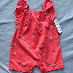 Carter's Coral Floral Ruffle Romper